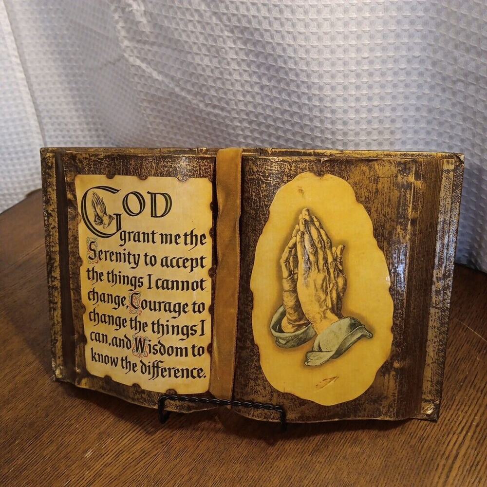 Serenity Prayer Poem & Praying Hands Decoupaged Gold Painted Vintage Book READ‎